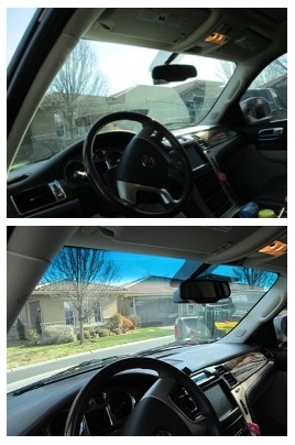 Before and After This is a photo of a Escalade with a blue band at the top of the windshield